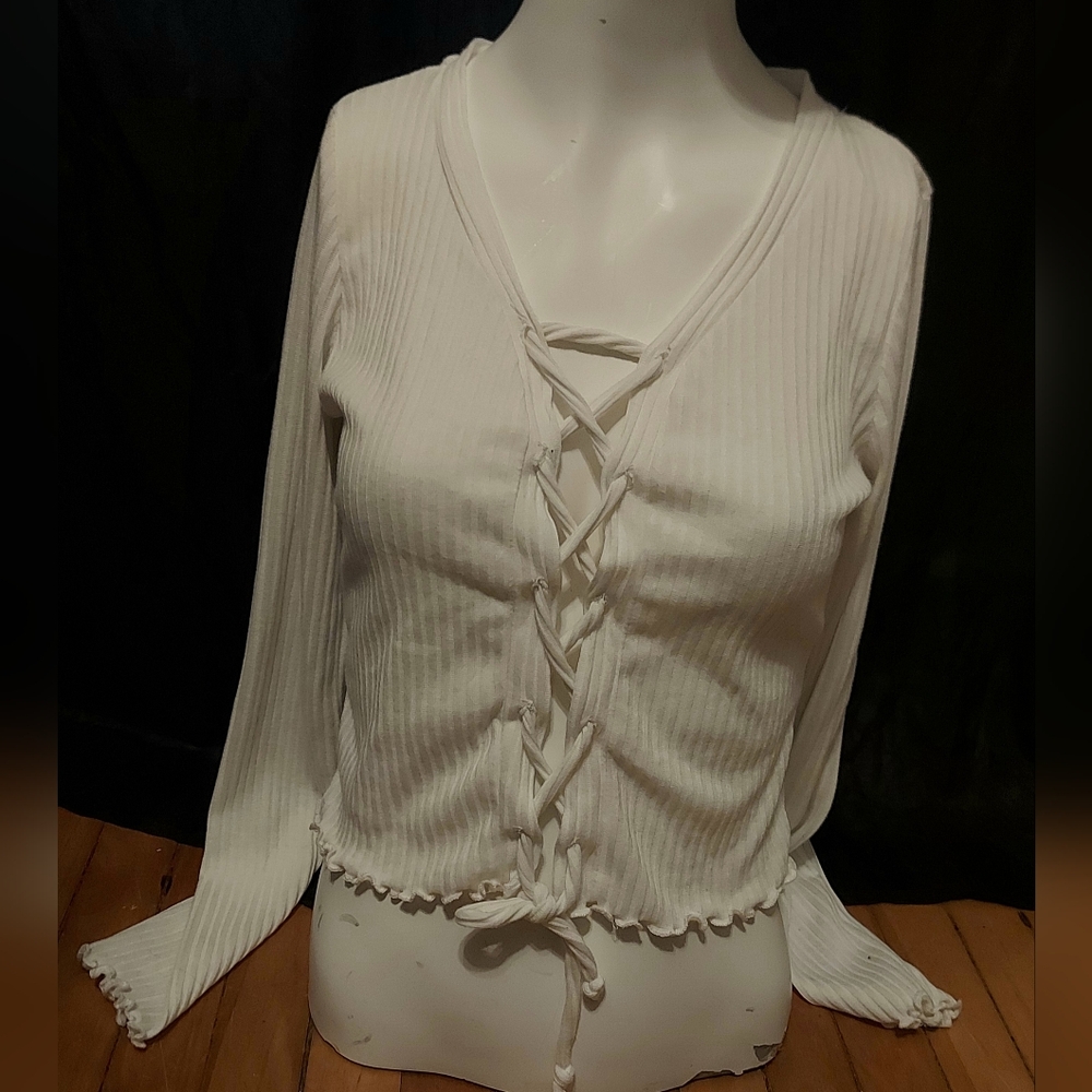 Heart & Hips Cream Lace-Up Ribbed Top